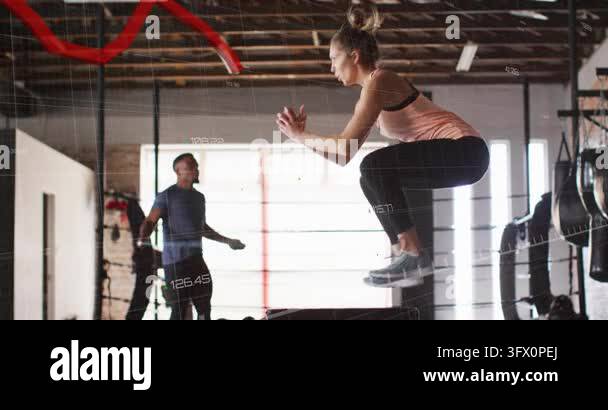 Workout starting woman doing box jumps while man skipping rope graph ...