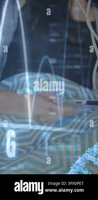 Vertical video: Woman donning headphones and tapping phone, studying ...