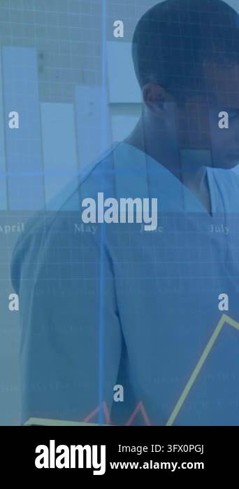 Vertical video: Nurse watching data feed animating month bars lines and ...