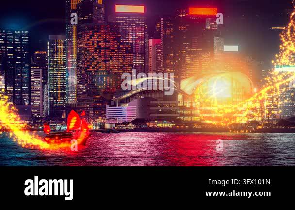 Stunning panoramic view of a dazzling Hong Kong skyline at night ...