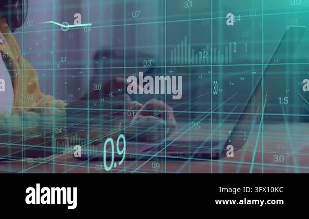 Woman resting hands on keys causing teal grid animating typing and ...