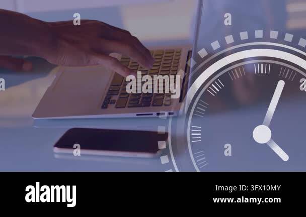 Worker hands starting typing on laptop for work, clock overlay rotating ...