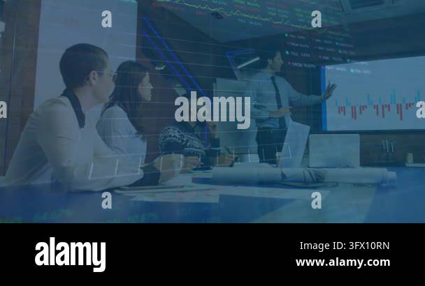 Presenter pointing to chart laptop open finance graphs overlaying table ...