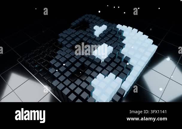 Animating square array rising on glossy plane as icy-blue cubes ...