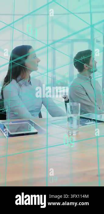 Table C In Statistics Vertical video: Two colleagues turning at presenter, holo grid ...