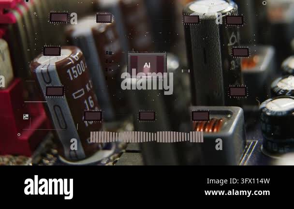 PCB close-up, AI badge appearing, nodes floating, camera panning right ...
