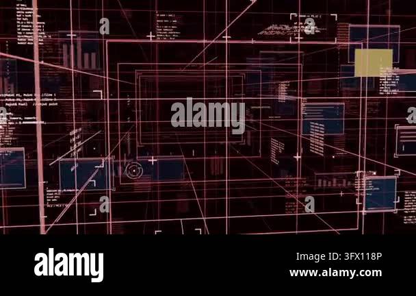 Camera pushing, wireframe-grid tunnel advancing through data corridor ...