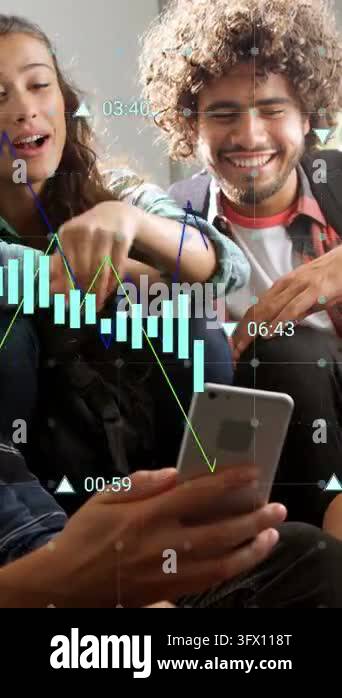 Vertical video: Tech duo leaning, tapping while pal showing phone ...