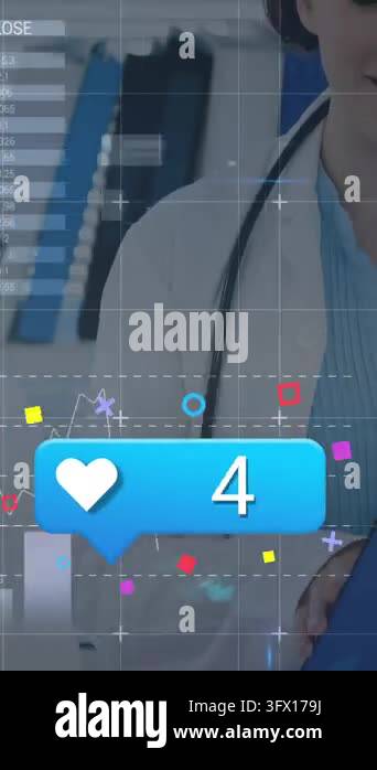 Animation of social media icons over caucasian female doctor talking to ...