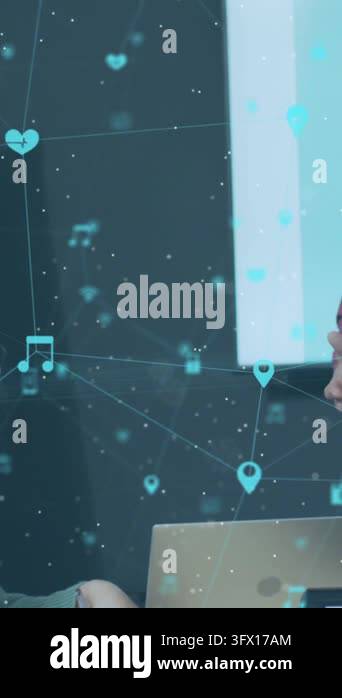 Animation of network of digital icons against caucasian man giving a ...