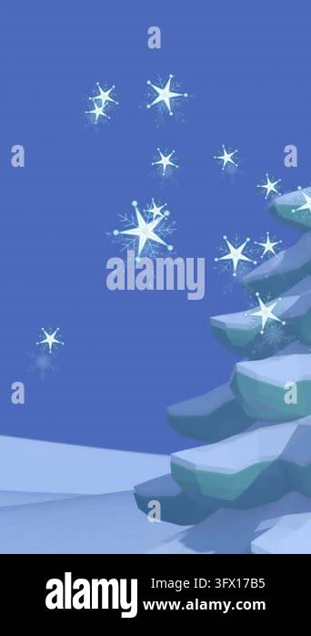 Animation of shining star icons falling over trees on winter landscape ...
