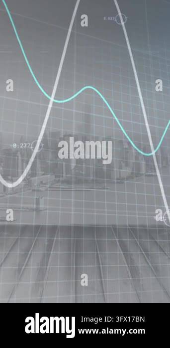 Animation of glowing graphs moving against aerial view of cityscape ...