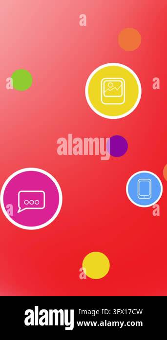 Animation of multiple digital icons floating against red gradient ...