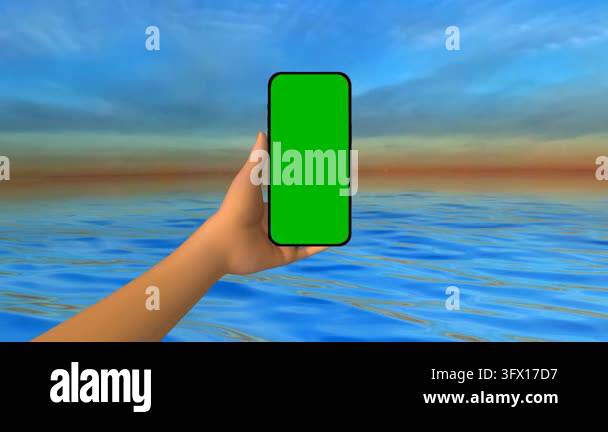 Mobile Phone Green Screen Mockup in a Hand Against Rotating Ocean Waves ...