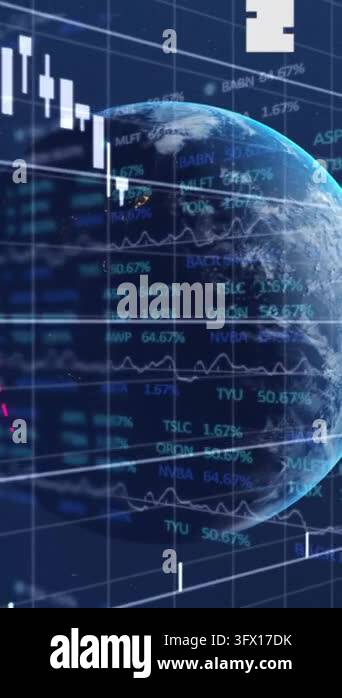 Animation of financial data processing and globe on digital screen ...