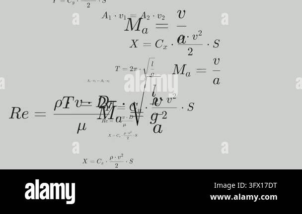 Mathematical formulas and physical equations moving across clean white ...
