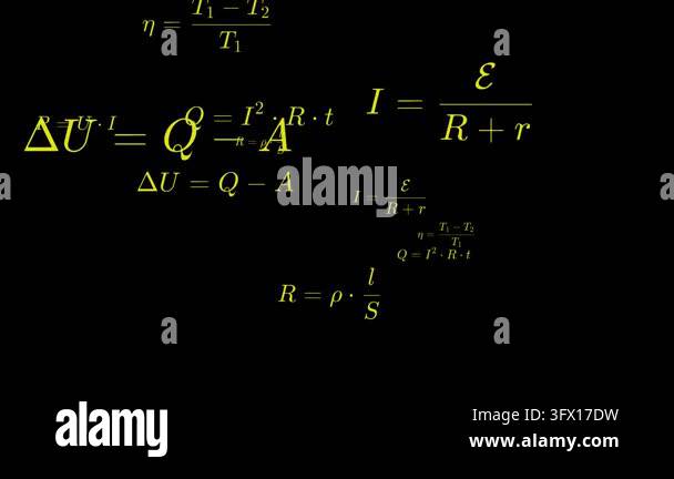Physics equations and mathematical formulas flying across dark black ...