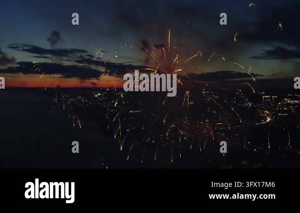 Aerial View Fireworks Celebrate New Year Eve City Sky. Flight Above ...