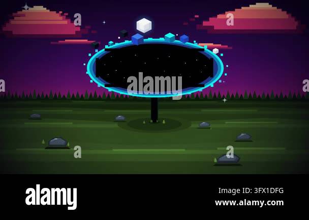 A retro 8-bit style pixel art landscape featuring a mysterious glowing ...