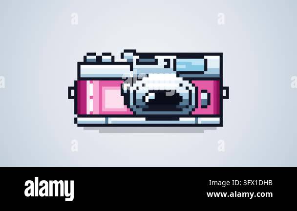 A stylized pixel art illustration of a vintage pink camera isolated on ...