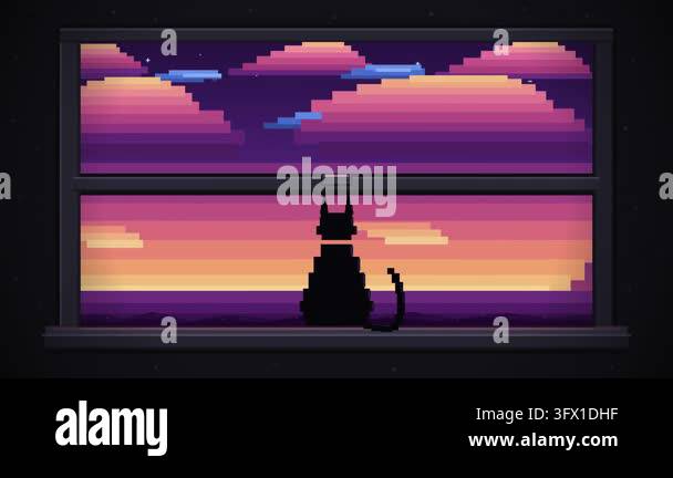 A nostalgic pixel art animation featuring the silhouette of a cat ...