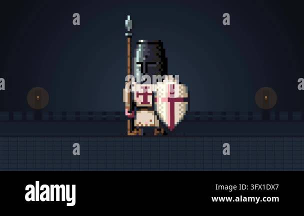 A stylized pixel art animation of a medieval crusader knight standing ...