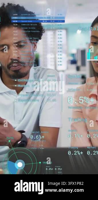 Animation of financial data processing over diverse business people in ...