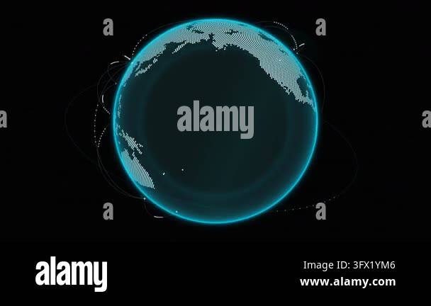 A futuristic blue dotted planet earth rotates against a dark backdrop ...