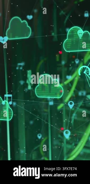 Animation of cloud icons and data processing over computer servers ...