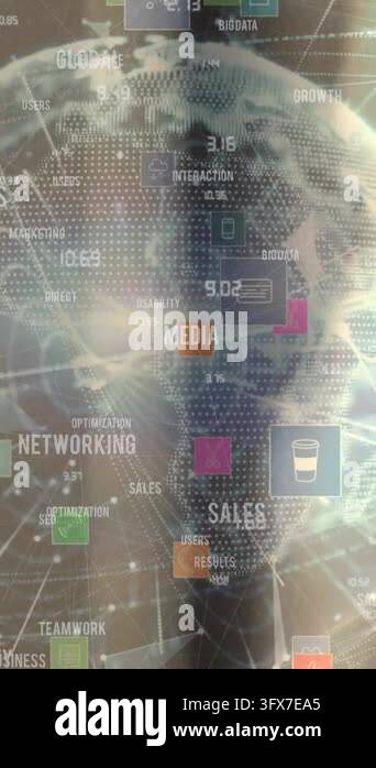 Network of digital icons and business concept texts against globe on ...