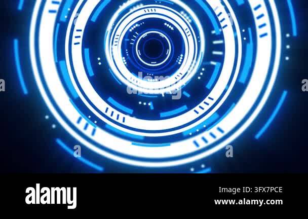Futuristic glowing blue digital interface with rotating circular HUD ...