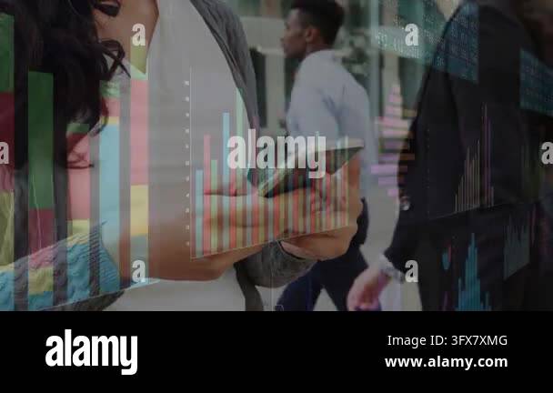 Woman tapping and scrolling phone on sidewalk, animating finance charts ...