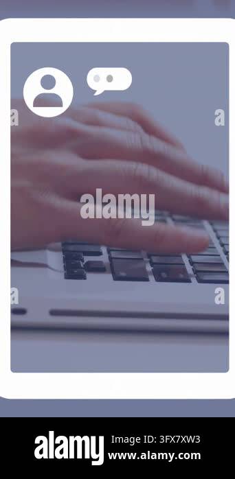Vertical video: Man typing on laptop keys, making avatars, messages ...