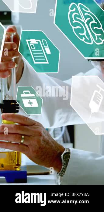 Animation of multiple icons over caucasian scientist mixing and ...
