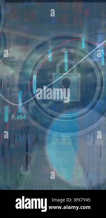 Animation of graphs and icons over trading board against server room in ...