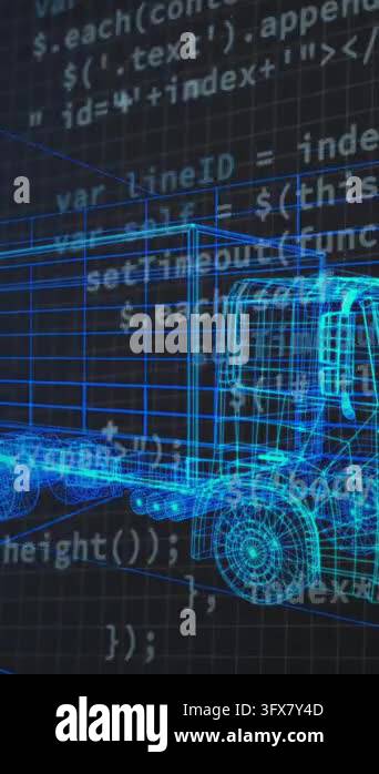 Logistics Cpu Background Animation of circles and computer language over 3d model of truck ...