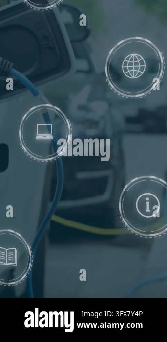 Animation of multiple digital icons against power cable pump plug in ...