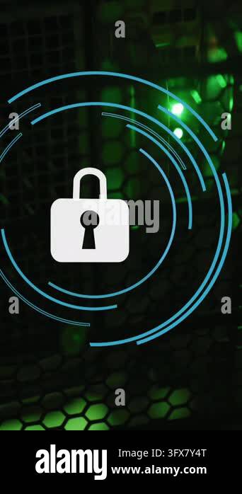 Animation of digital online security padlock over computer server ...