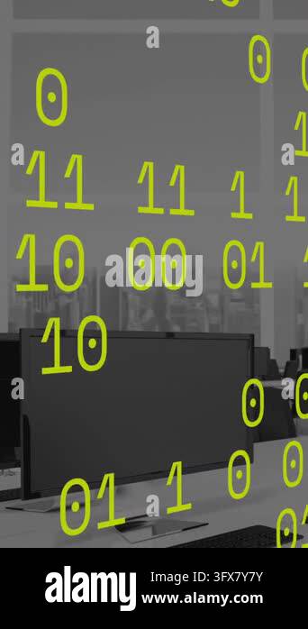Animation of data processing over office desks with computers. Global ...
