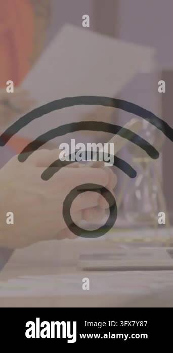 Animation of wi-fi and digital icons against mid section of man using ...