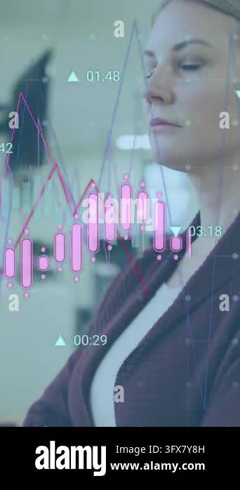 Animation of statistical data processing over portrait of caucasian ...