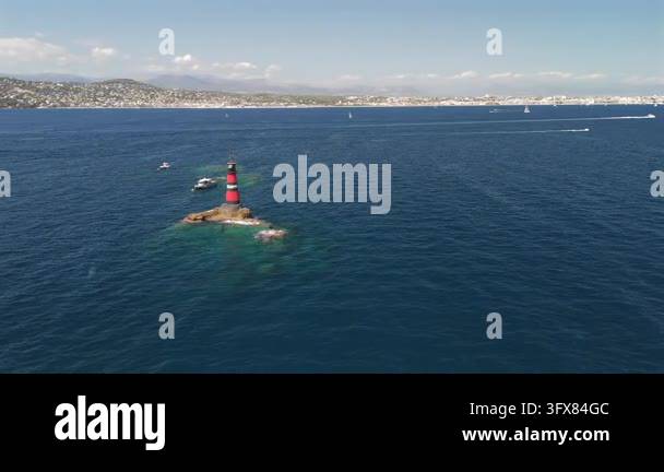 High aerial drone view of Fourmigue rock in the Mediterranean Sea from ...