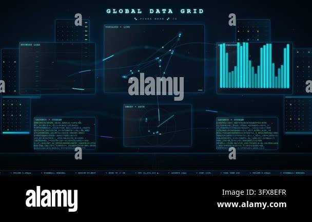 Futuristic digital interface displaying a global data grid with network ...