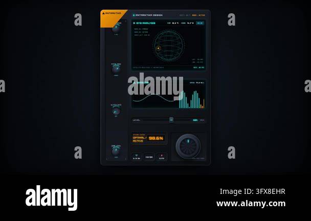 Futuristic digital interface with system analysis and data link panels ...