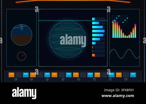 Futuristic digital interface with wireframe globe and data ...