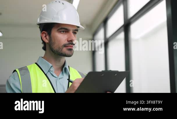 Portrait of Hispanic engineer reviews clipboard near tall windows ...