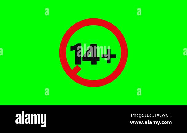 An animated age restriction symbol '14+' with a red circle and diagonal ...