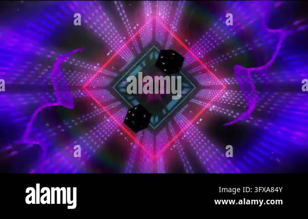 Rotating Diamond Cartoon Red burst starting teal-grid forming cyan-frame rotating two black ...
