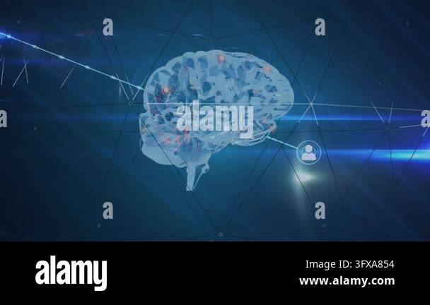 3D brain pulsing, sending lines and forming growing network of profile ...