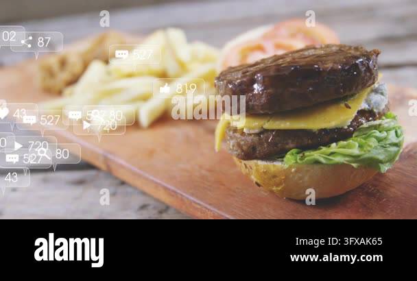 Icons appearing from left clustering over burger, pick inserting ...